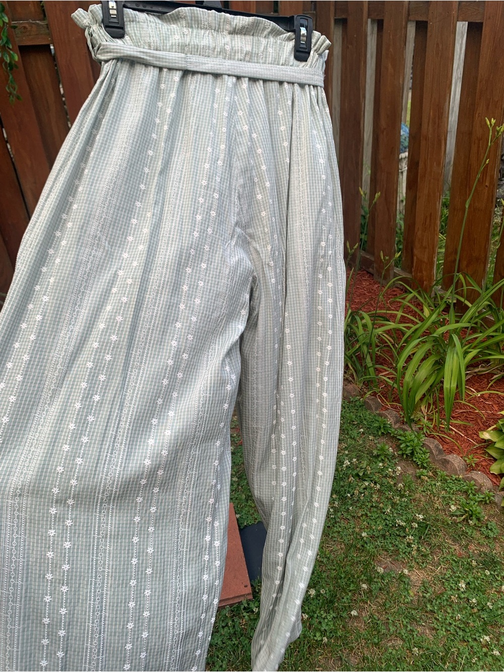 SHEIN Light Sage Green Wide Leg Embroidered Pants with Tie - Picture 7 of 8